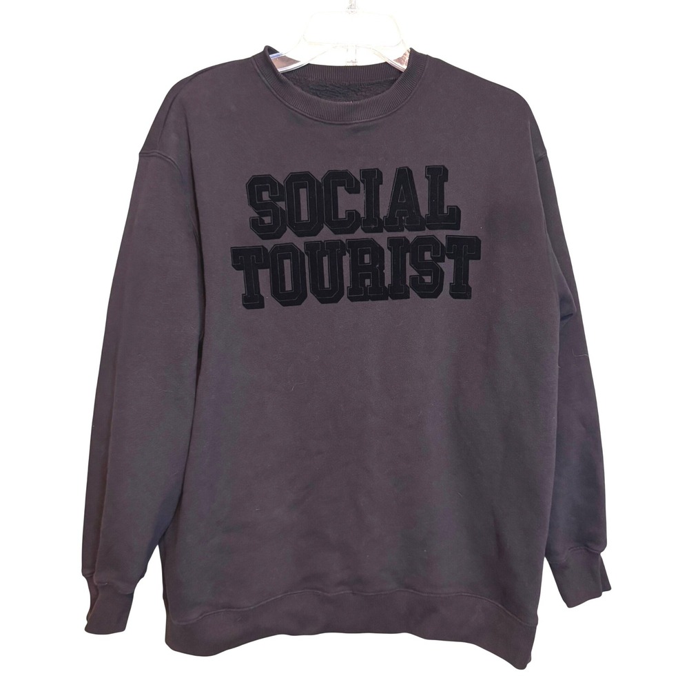 Social Tourist Women Graphic Velvet Oversized Fleece Crewneck Sweatshirt Grey XS